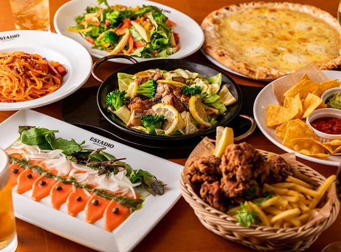 【プランＦ】20名様以上団体様＆貸切パーティーに＃サーモンと生ハムカルパ＆牛ロースステーキＩＮ★料理9品＆２H飲放＃ビュッフェ・ハイグレードプラン